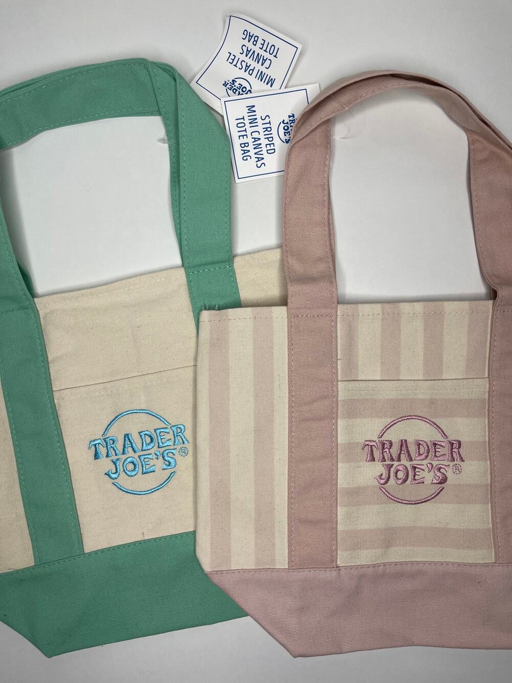 Set of 2 — Trader Joe’s Canvas MINI Tote Bag Spring — PASTEL GREEN + PINK STRIPE
